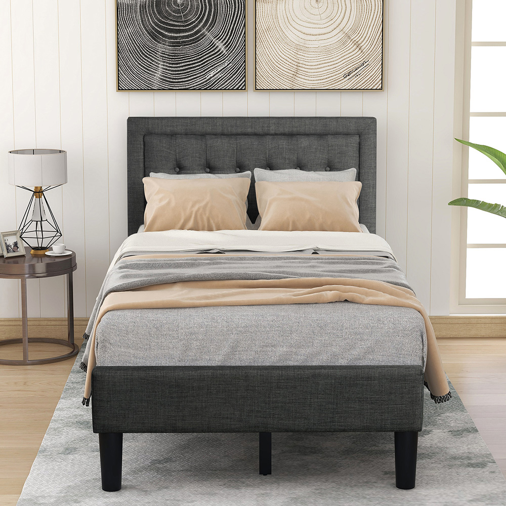 Twin Size Upholstered Platform Bed Frame with Headboard, and Wooden Slats Support, No Spring Box Required (Frame Only) - Gray
