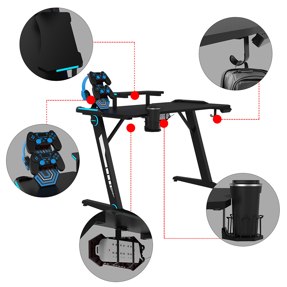 Home Office Computer Desk with Monitor Stand, RGB Lights and Z-Shaped Legs, for Game Room, Office, Study Room - Black