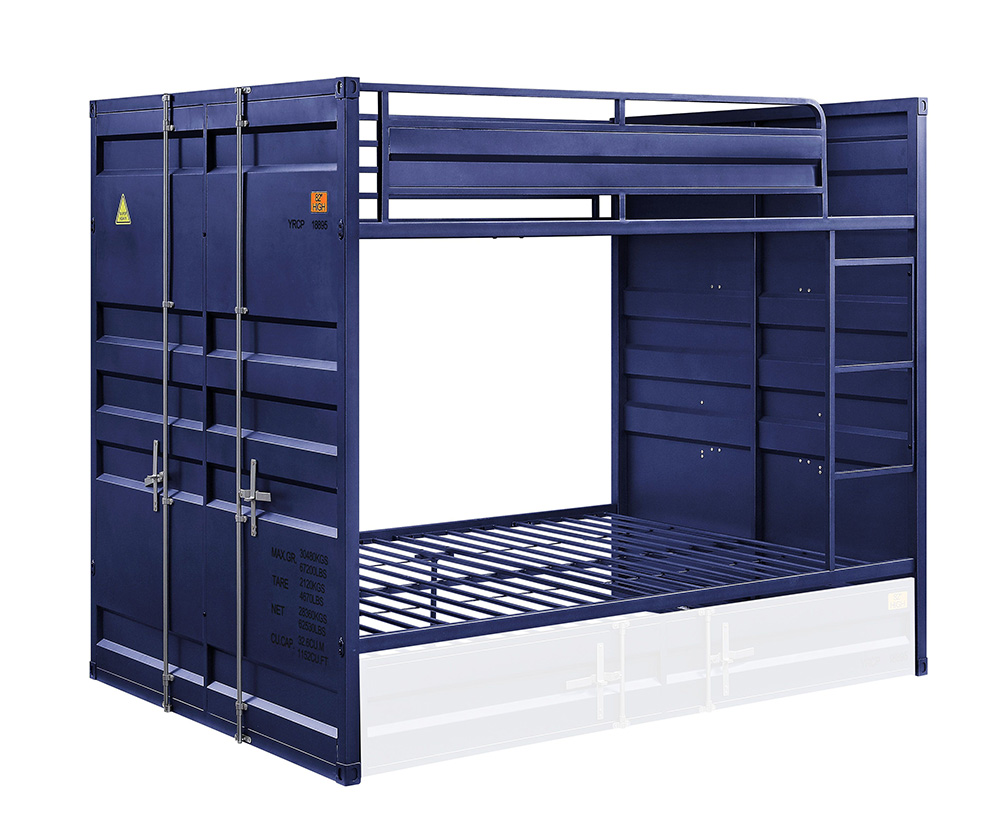 ACME Full-Over-Full Size Container Style Bunk Bed Frame with Ladder, and Metal Slats Support, No Spring Box Required (Frame Only) - Blue