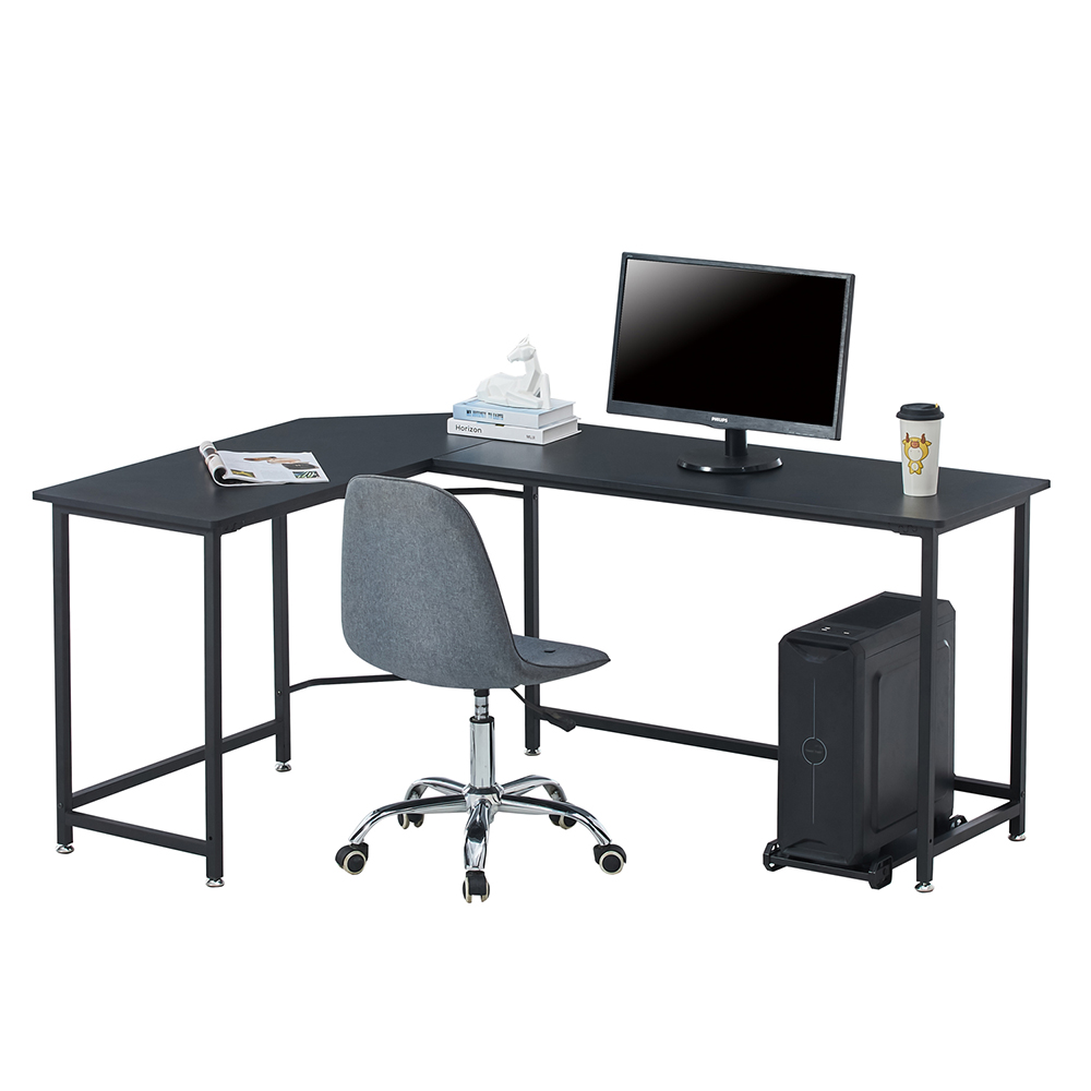 66" Home Office L-shaped Computer Desk with Wooden Tabletop and Metal Frame - Black