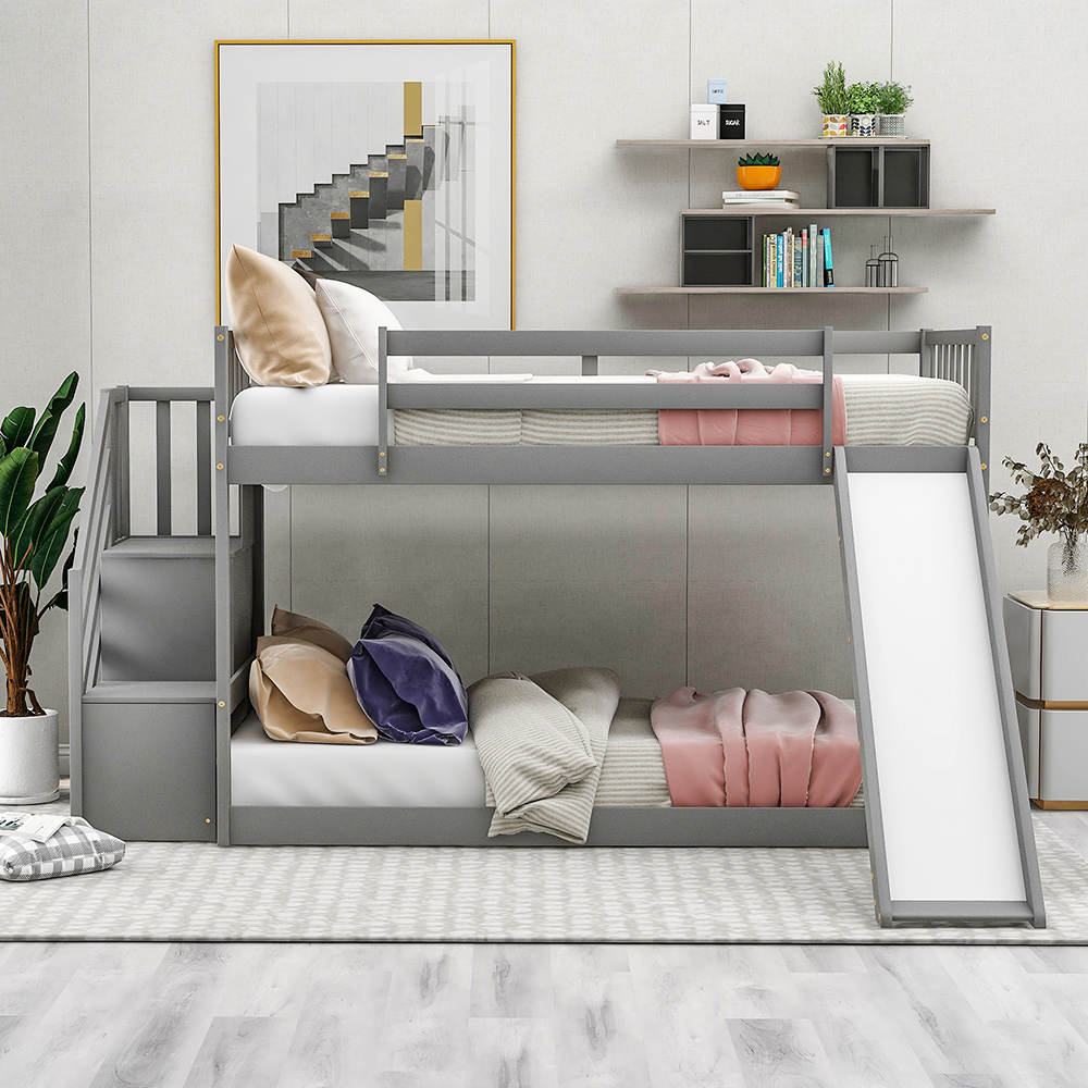 Twin-Over-Twin Size Stairway Bunk Bed Frame with Convertible Slide, and Wooden Slats Support, No Spring Box Required (Frame Only) - Gray