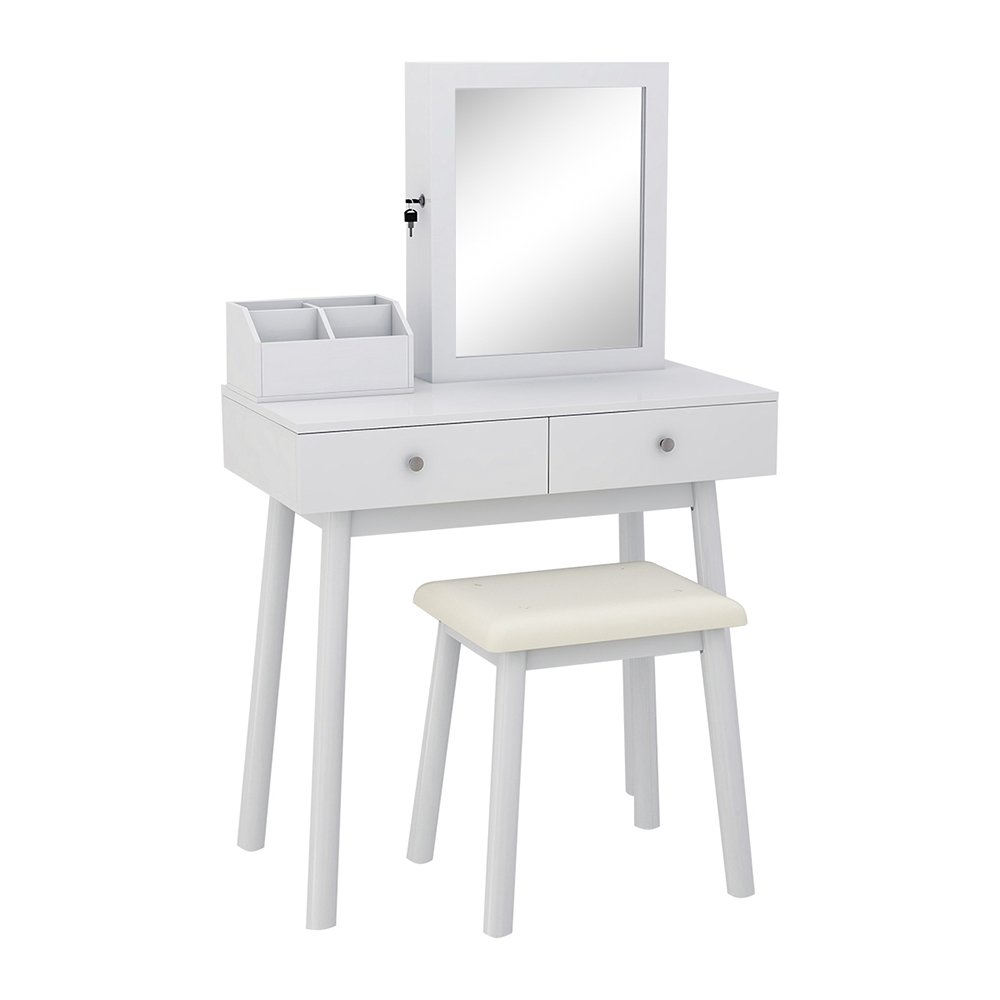 Multifunctional Dressing Table with Mirror, 2 Storage Drawers and Lockable Jewelry Cabinet - White