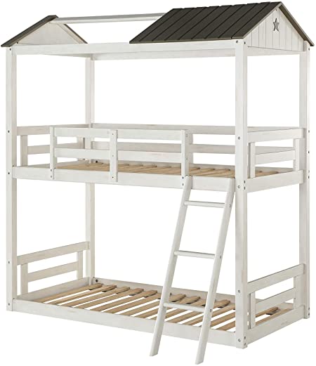 ACME Nadine House-Shaped Twin-Over-Twin Size Bunk Bed Frame with Ladder, and Wooden Slats Support, No Spring Box Required (Frame Only) - White