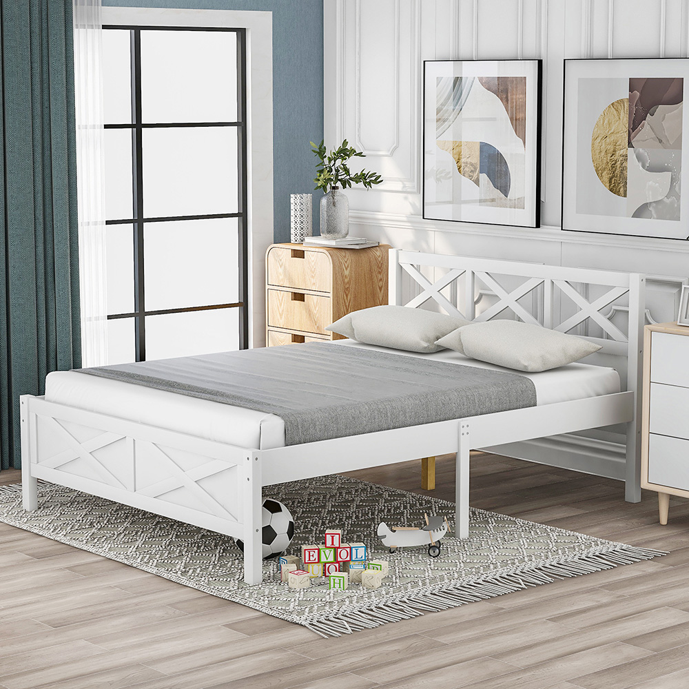 Full Size Wooden Platform Bed Frame with High Legs and Wooden Slats - White