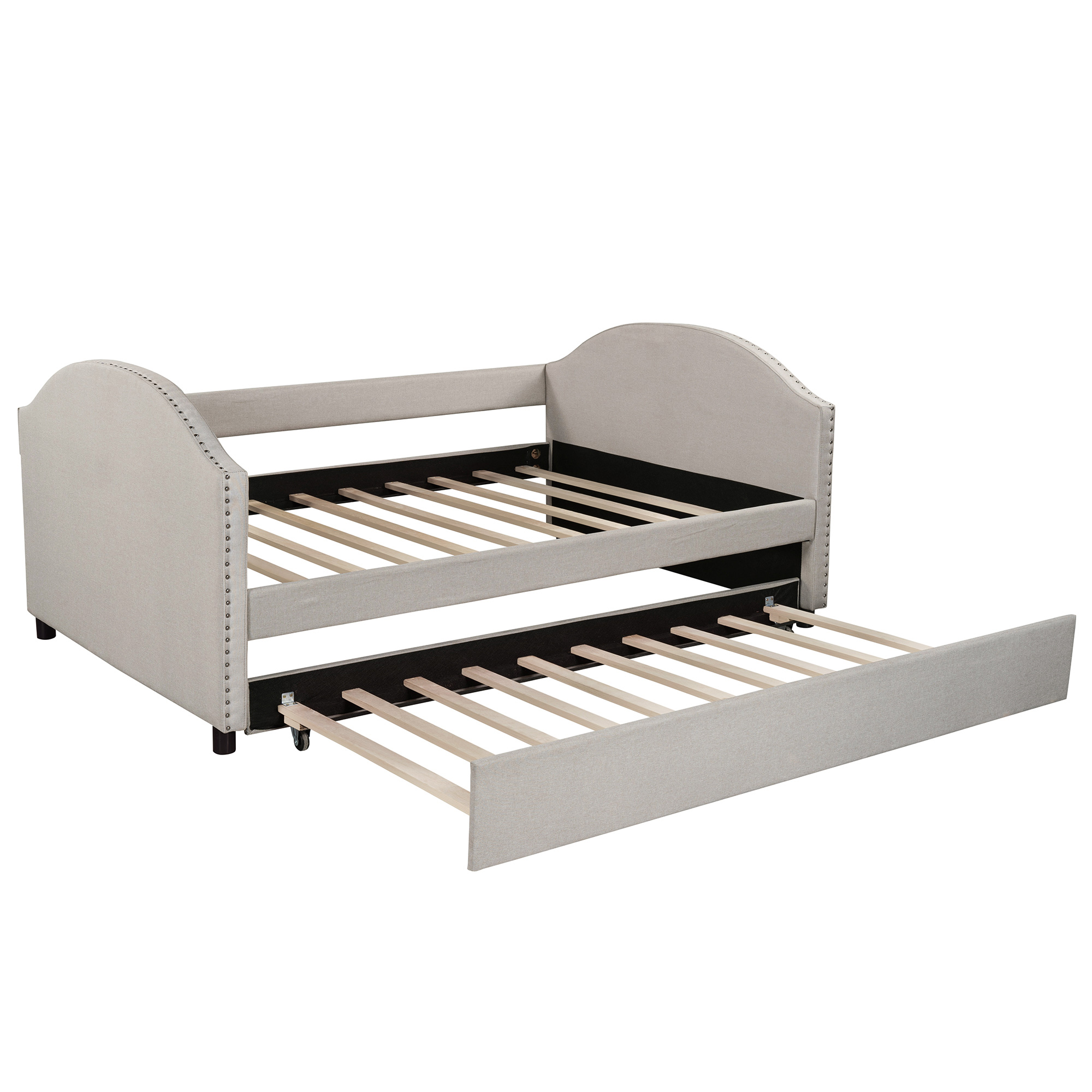 Full-Size Fabric Upholstered Daybed with Twin-Size Trundle Bed, and Wooden Slats Support, Space-saving Design, No Box Spring Needed - Beige