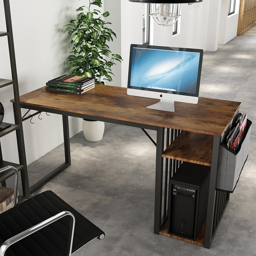 Home Office 55" Computer Desk with Side Bag, Storage Shelves, Wooden Tabletop and Metal Frame, for Game Room, Office, Study Room - Brown