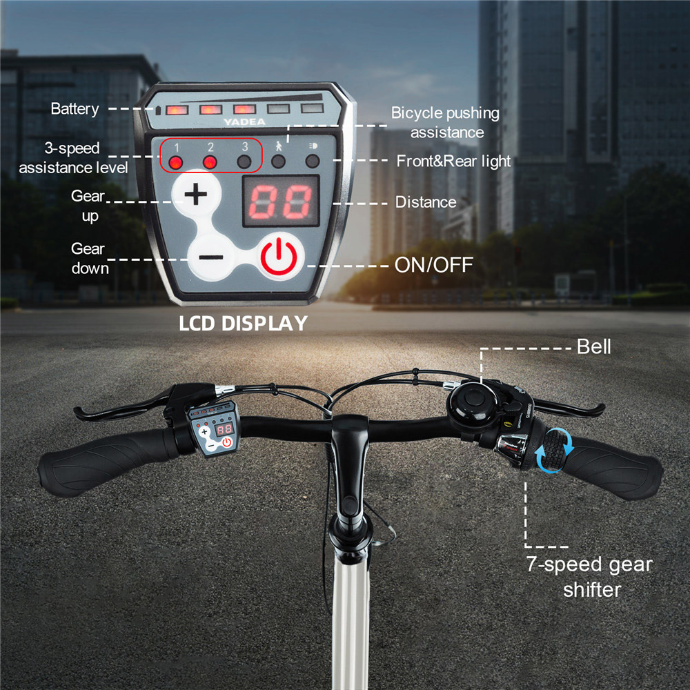 YADEA YT300 20 inch Touring Electric City Bike 350W OKAWA Mid Drive Motor SHIMANO 7-Speed Rear Derailleur 36V 7.8Ah Removable Battery 25km/h Max speed up to 60km Max Range LED Headlight - White