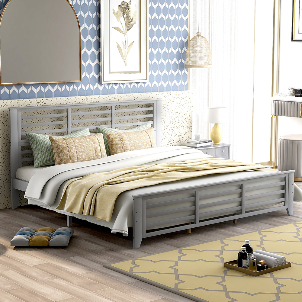 King-Size Wooden Platform Bed Frame with Hollow Shape Horizontal Strip and Wooden Slats Support - Gray
