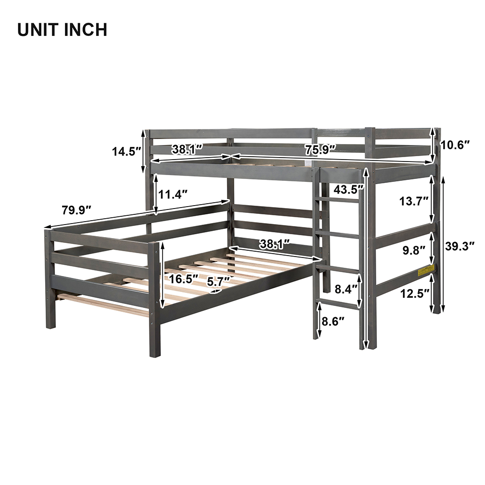 Twin-Over-Twin Size Splittable Bunk Bed Frame with Ladder, and Wooden Slats Support, No Spring Box Required (Frame Only) - Gray