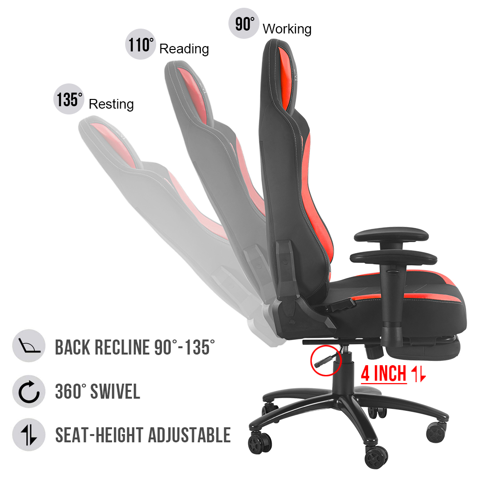 Home Office PU Leather Rotatable Massage Gaming Chair Height Adjustable with Ergonomic High Backrest and Footrest - Red