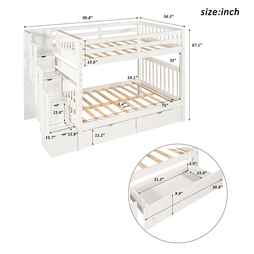 Full-Over-Full Size Bunk Bed Frame with 6 Storage Drawers, Shelves, and Wooden Slats Support, No Spring Box Required (Frame Only) - White