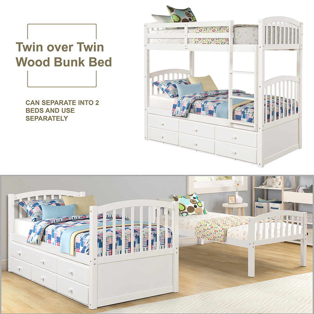 Twin-Over-Twin Size Bunk Bed Frame with 3 Storage Drawers Trundle Bed, and Wooden Slats Support, No Spring Box Required (Frame Only) - White