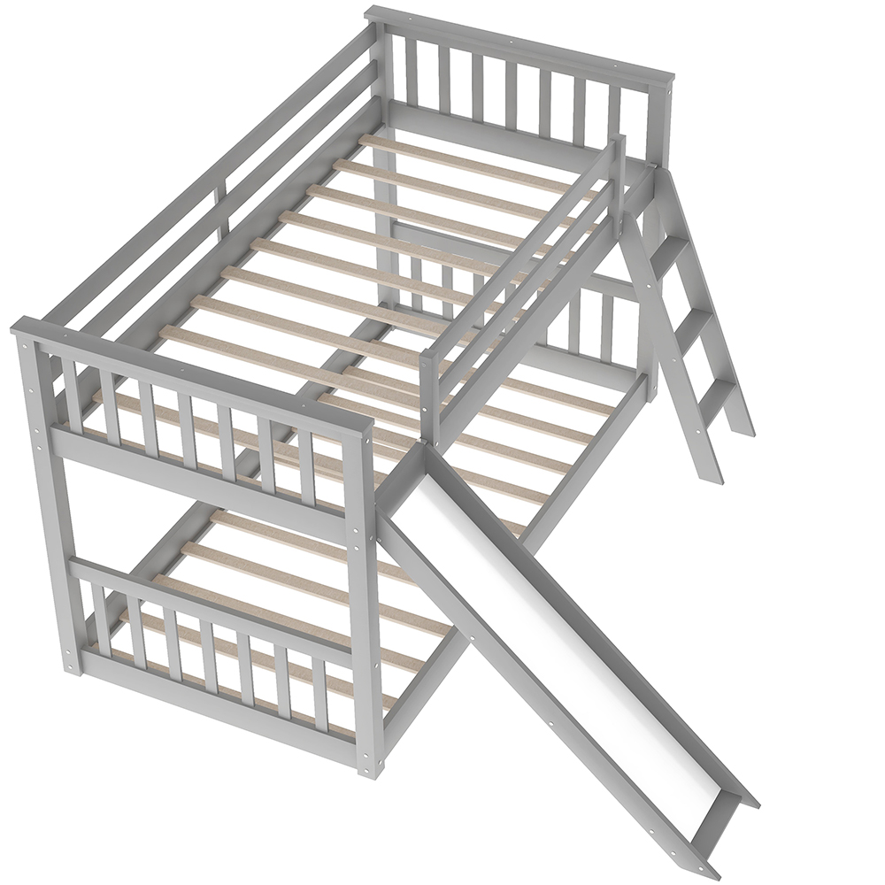 Twin-Over-Twin Size Bunk Bed Frame with Slide, Ladder, and Wooden Slats Support, No Spring Box Required (Frame Only) - Gray