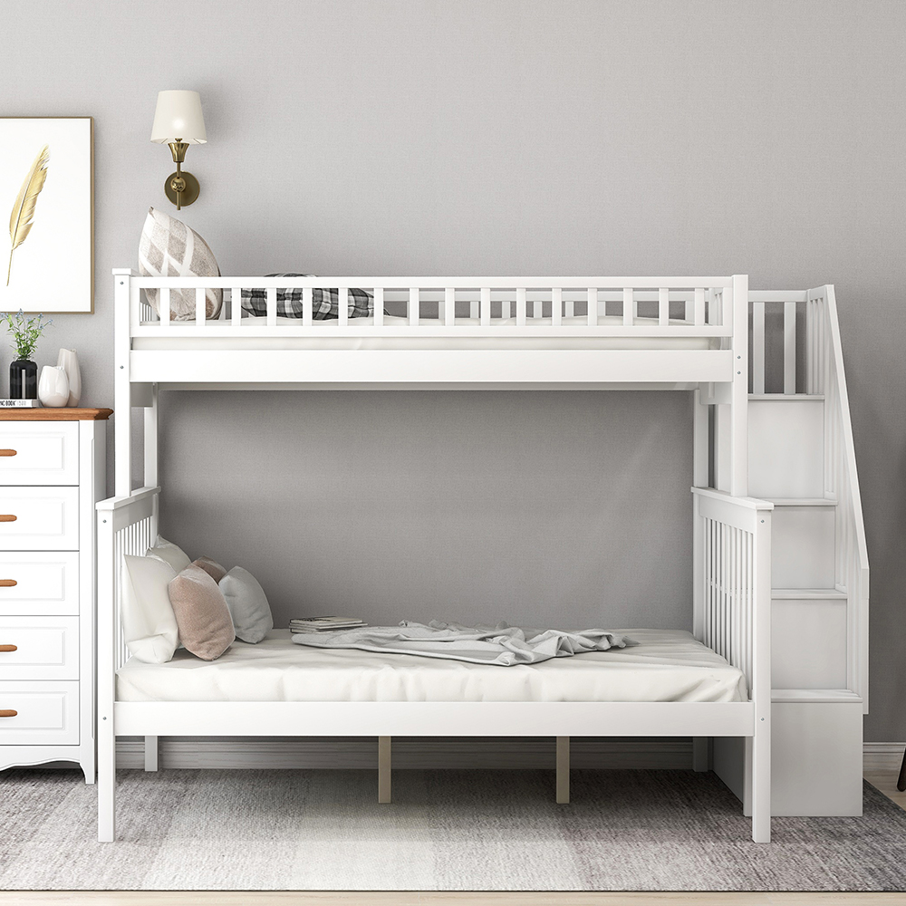 Twin-Over-Full Size Bunk Bed Frame with Storage Shelves, and Wooden Slats Support, No Spring Box Required (Frame Only) - White