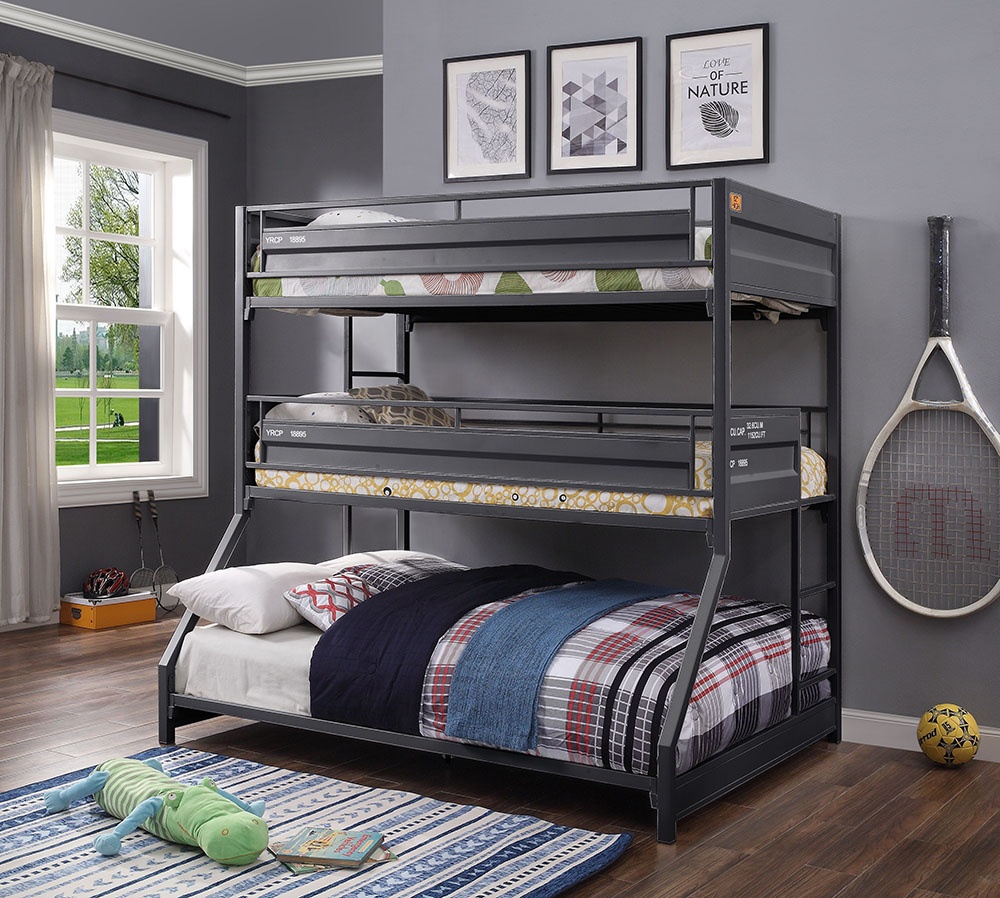 ACME Cargo Twin-Over-Twin-Over-Full Size Triple Bed Frame with Ladder, and Metal Slats Support, No Spring Box Required (Frame Only) - Gunmetal