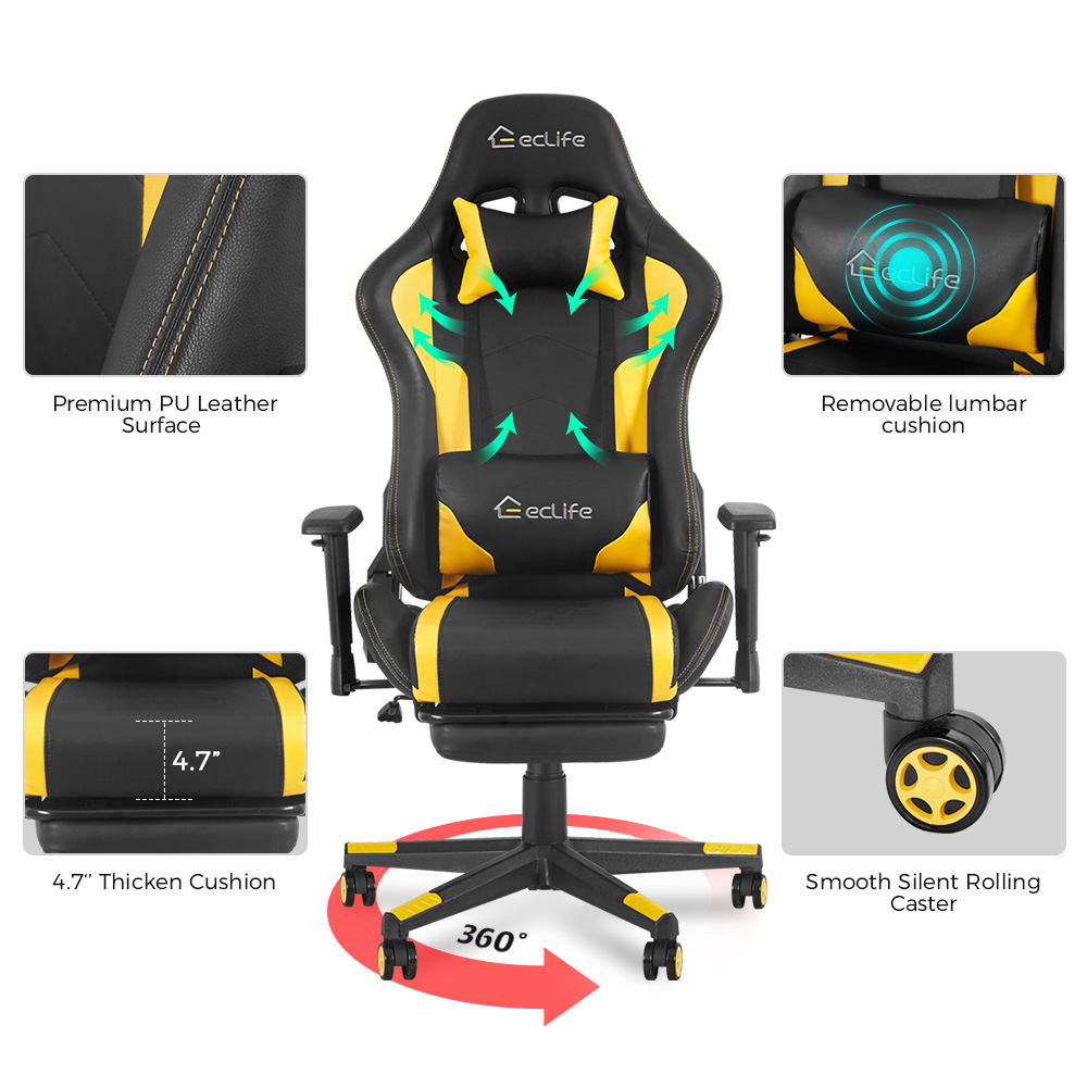 Home Office PU Leather Rotatable Massage Gaming Chair Height Adjustable with Ergonomic High Backrest and Casters - Yellow