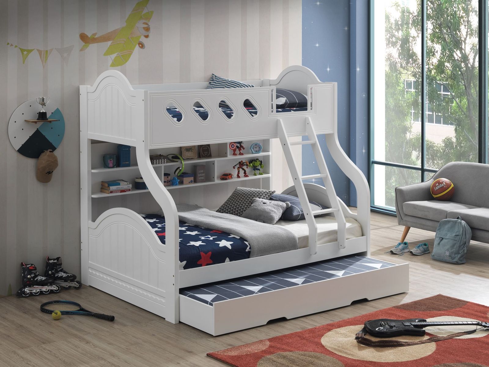 ACME Grover Twin-Over-Full Size Bunk Bed Frame with Storage Shelves, and Wooden Slats Support, No Spring Box Required (Frame Only) - White