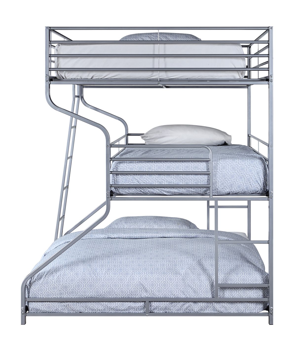 ACME Caius Twin-Over-Full-Over-Queen Size Triple Bed Frame with Ladder, and Metal Slats Support, No Spring Box Required (Frame Only) - Silver