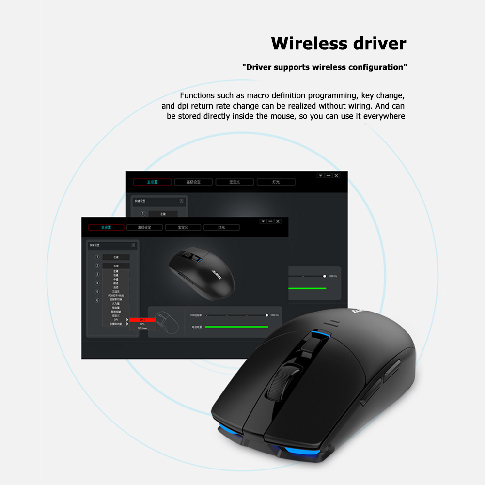 Ajazz i303 Pro Wireless Mouse Gaming PixArt PMW3338 Chip Driver 6 Colors LED Light Adjusting 16000DPI - Black