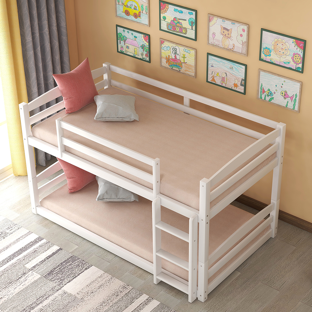 Twin-Over-Twin Size Separable Bunk Bed Frame with Ladder, and Wooden Slats Support, No Spring Box Required (Frame Only) - White