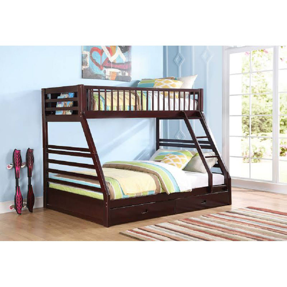 ACME Jason Twin-Over-Queen Size Bunk Bed Frame with Ladder, and Wooden Slats Support, No Spring Box Required (Frame Only) - Espresso