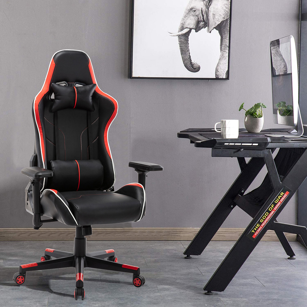 Home Office PU Leather Rotatable Gaming Chair Height Adjustable with Ergonomic High Backrest and Casters - Red
