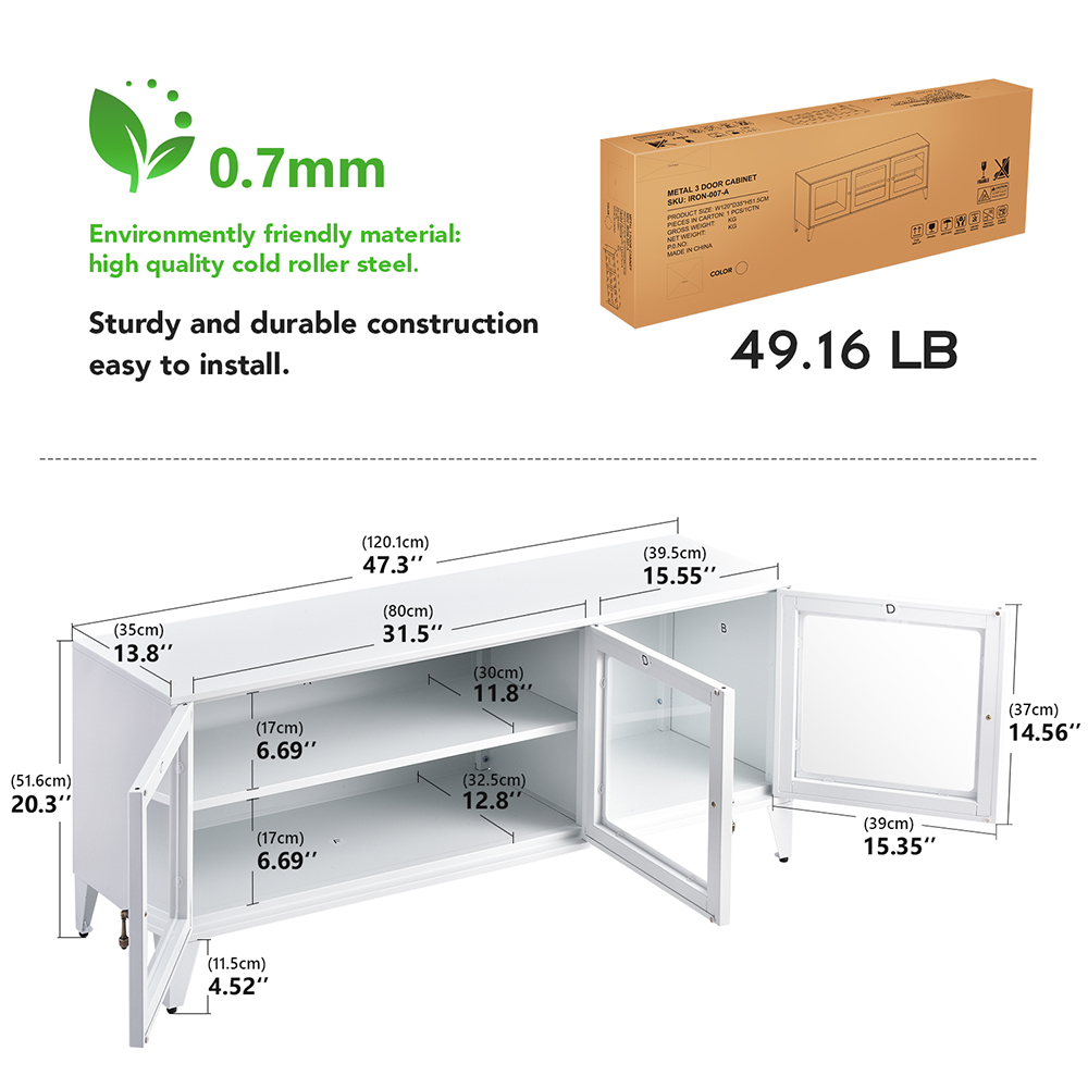 47" Metal TV Stand with 3 Doors and Storage Shelves, Suitable for Placing TVs up to 55", for Living Room, Entertainment Center - White