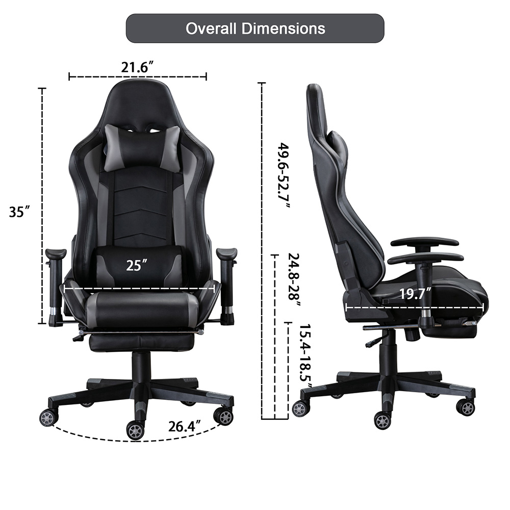 Home Office PU Leather Massage Video Gaming Chair Height Adjustable with Footrest, Headrest, Ergonomic High Backrest and Casters - Gray