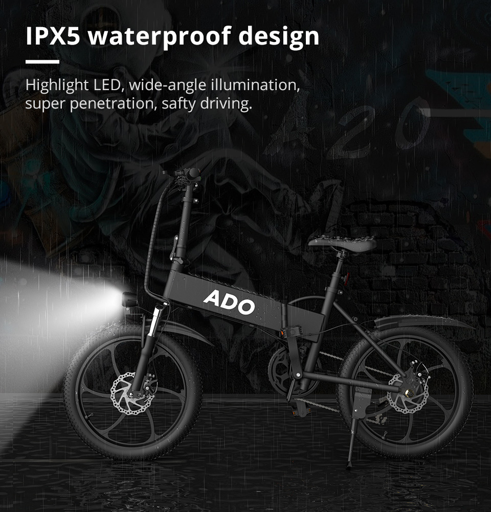 ADO A20 Electric Folding Bike 20 inch City Bicycle 350W Hall Brushless Gear DC Motor SHIMANO 7-Speed Rear Derailleur 36V 10.4Ah Removable Battery 35km/h Max speed up to 60km Max Range IPX5 Double Shock-absorption LED Headlight Aluminum alloy Frame - Black