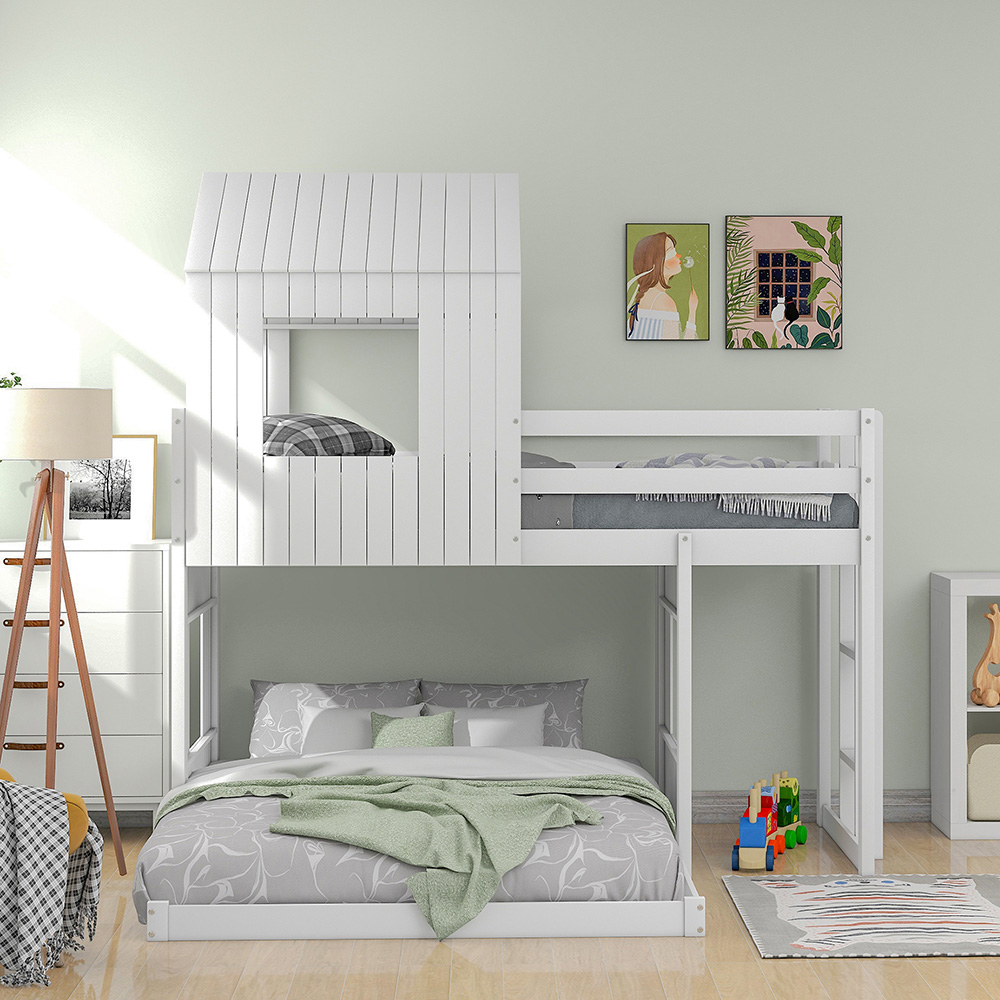 Twin-Over-Full Size Bunk Bed Frame with Roof, and Wooden Slats Support, No Spring Box Required (Frame Only) - White