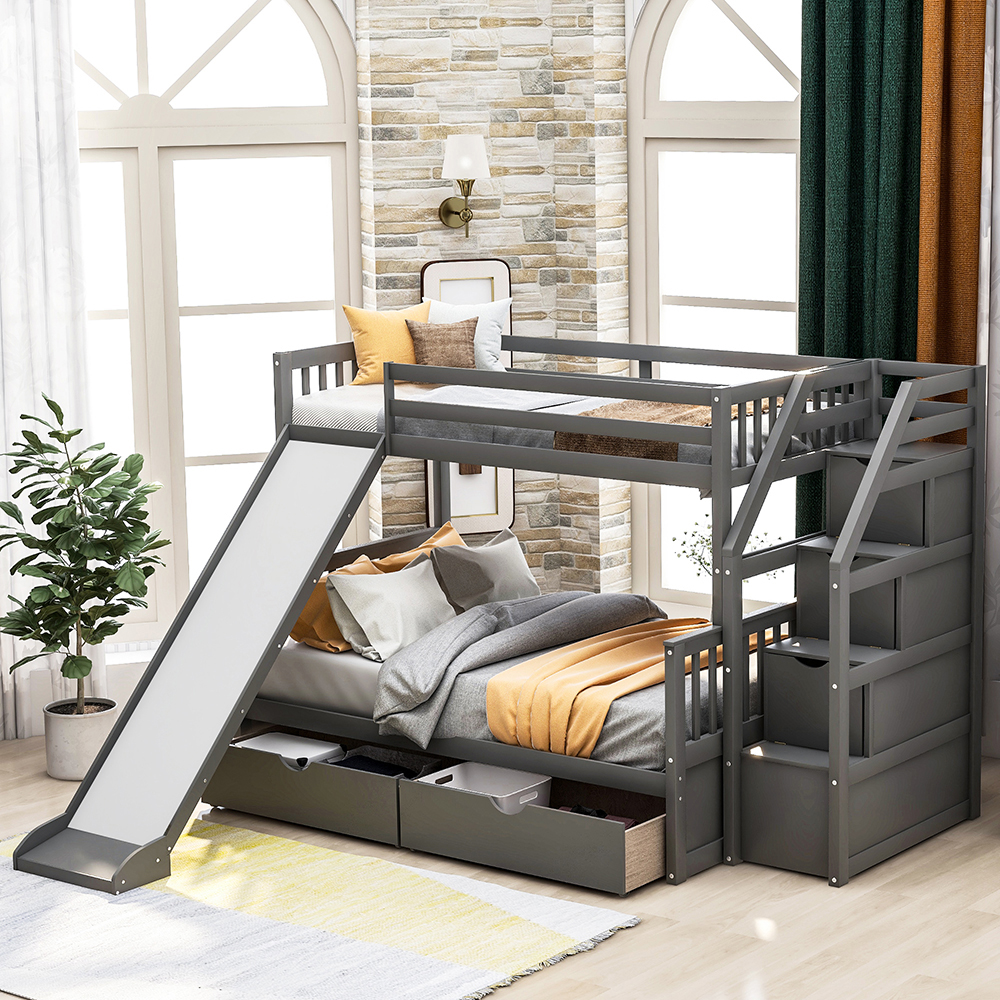 Twin-Over-Full Size Bunk Bed Frame with 2 Drawers, Storage Stairs, and Wooden Slats Support, No Spring Box Required (Frame Only) - Gray