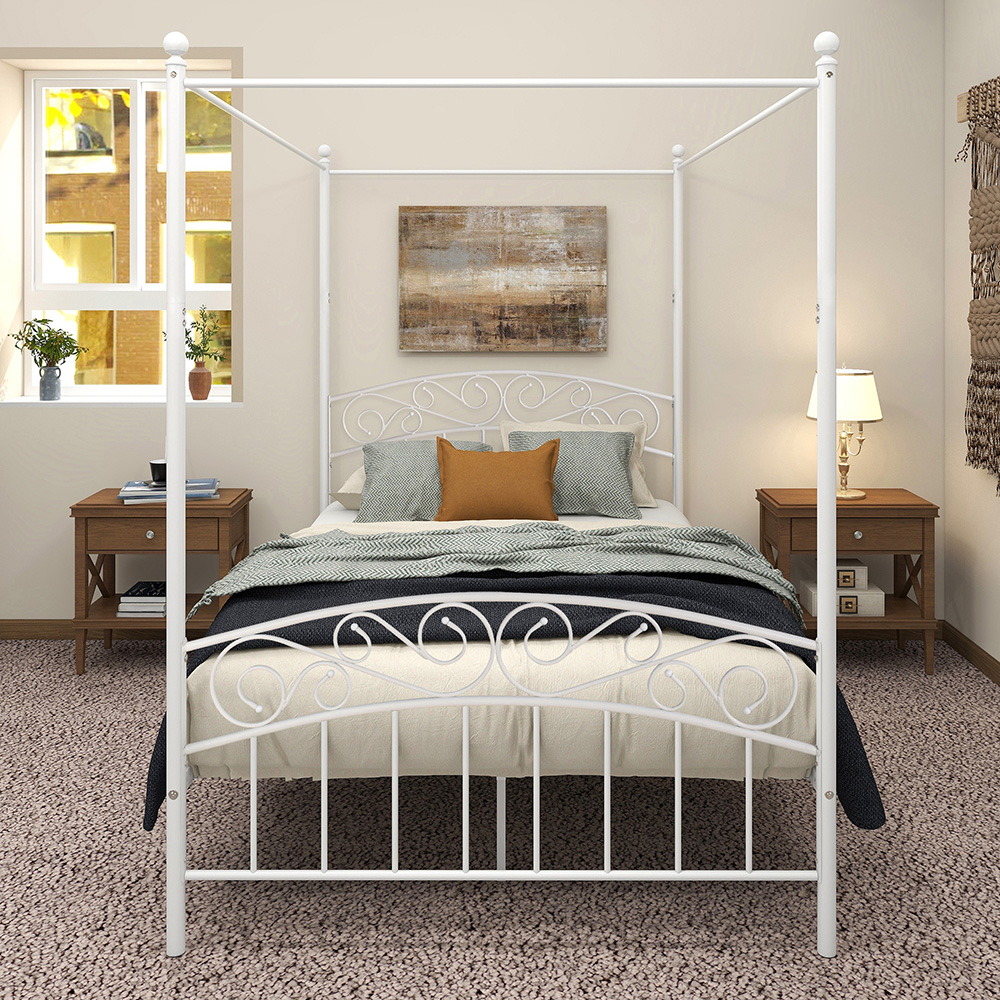 Full-Size Canopy Metal Platform Bed Frame with 4 Pillars, Headboard and Metal Slats Support, No Box Spring Needed (Only Frame) - White