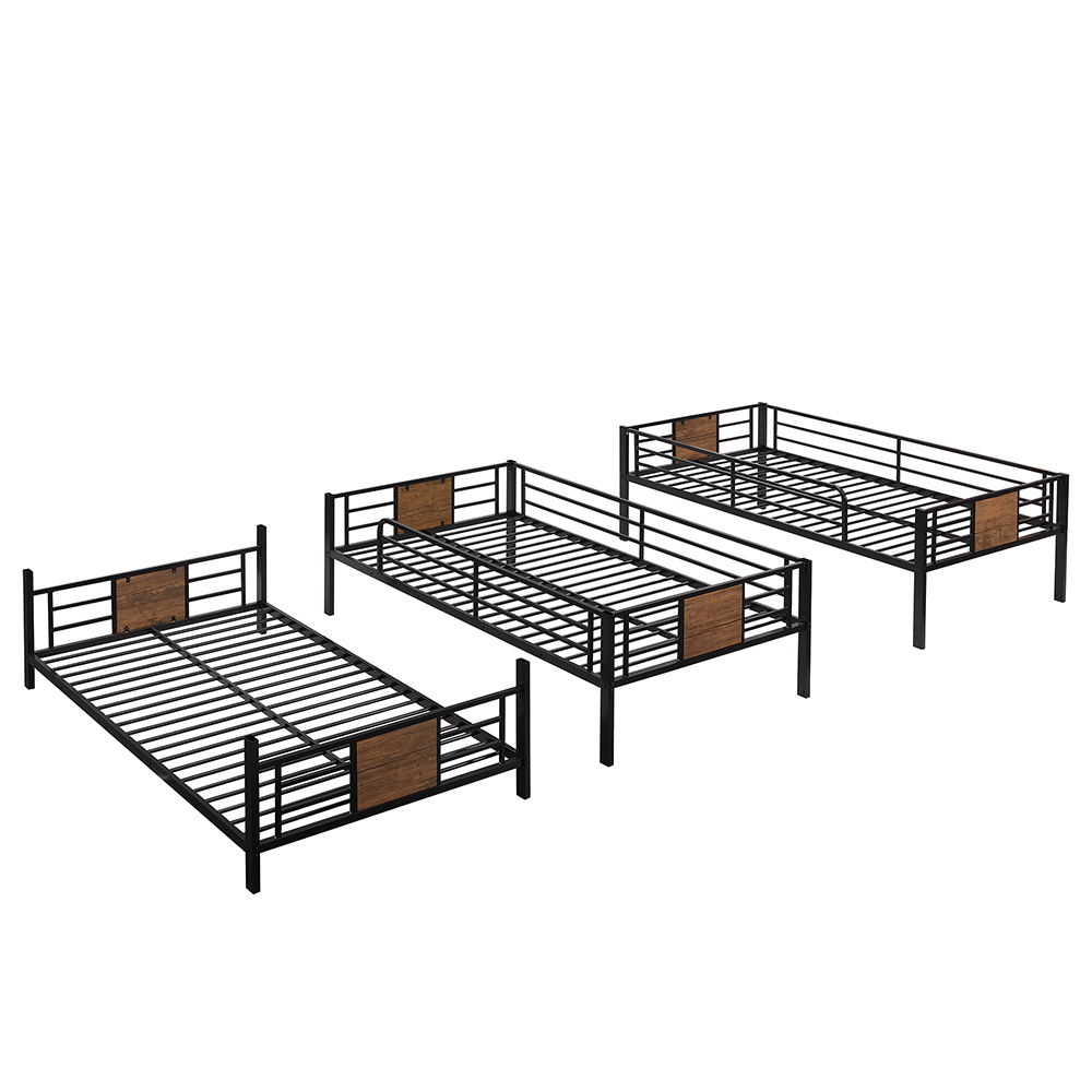 Twin-Size Triple Bed Frame with Ladder, and Metal Slats Support, No Spring Box Required (Frame Only) - Brown