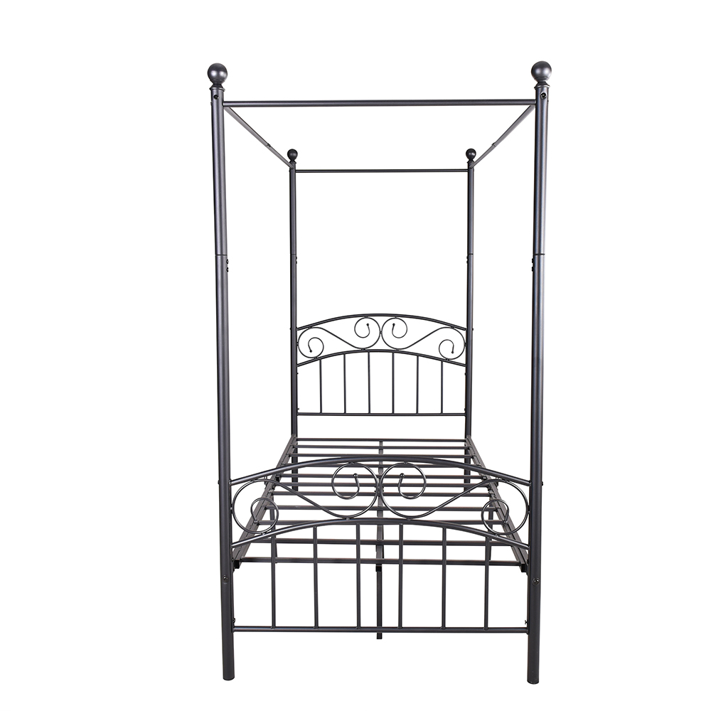 Twin-Size Canopy Metal Platform Bed Frame with 4 Pillars, Headboard and Metal Slats Support, No Box Spring Needed (Only Frame) - Black