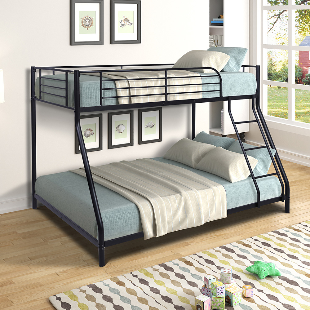 Twin-Over-Full Size Bunk Bed Frame with Ladder, and Metal Slats Support, No Spring Box Required (Frame Only) - Black