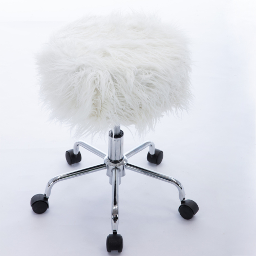 HengMing Faux Fur Swivel Stool Height Adjustable with Backrest and Casters for Living Room, Bedroom, Dining Room, Office - White