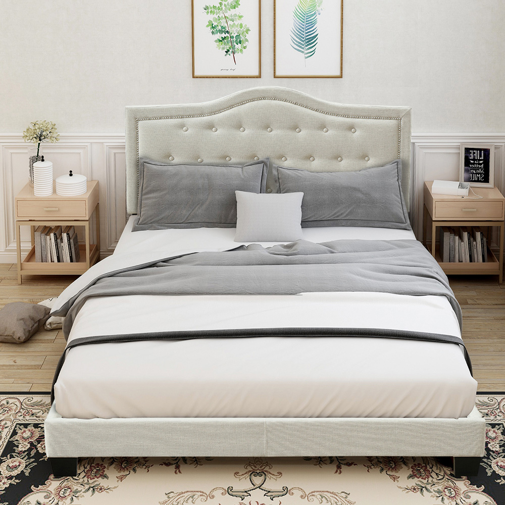 Queen-Size Upholstered Platform Bed Frame with Tufted Headboard and Wooden  Slats Support, Box Spring Needed (Only Frame) - Beige