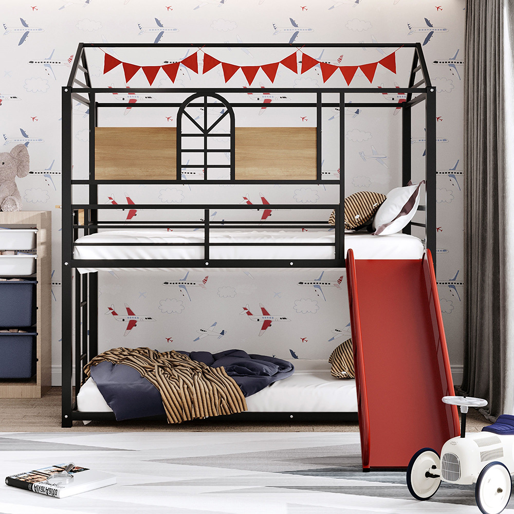 Twin-Over-Twin Size Bunk Bed Frame with Slide, Ladder, and Metal Slats Support, No Spring Box Required (Frame Only) - Black + Red