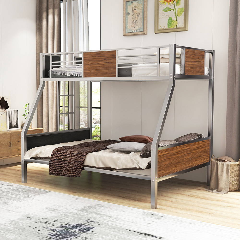 Twin-Over-Full Size Bunk Bed Frame with Ladder, and Metal Slats Support, No Spring Box Required (Frame Only) - Silver