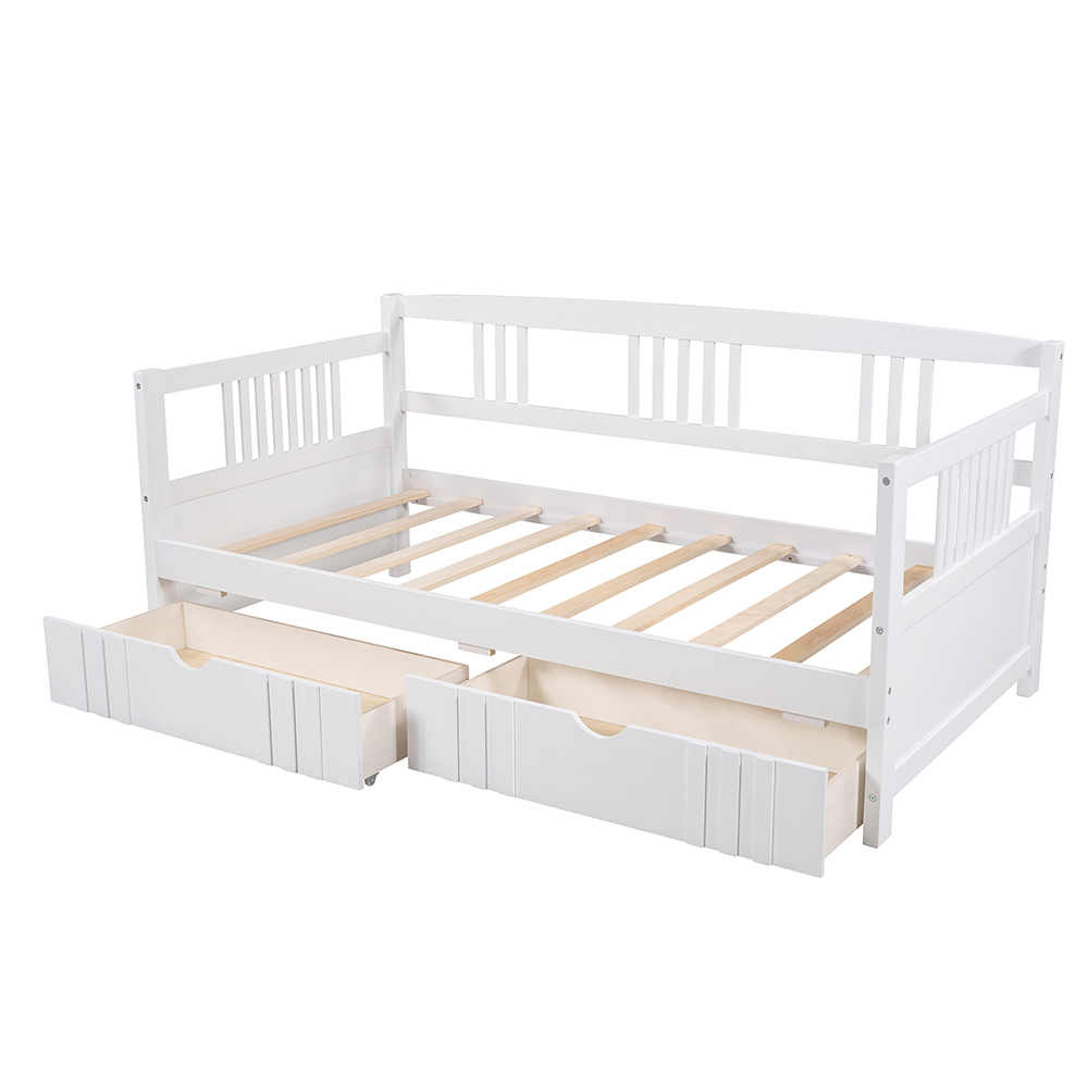Twin Size Daybed with 2 Storage Drawers, and Wooden Slats Support, Space-saving Design, No Box Spring Needed - White