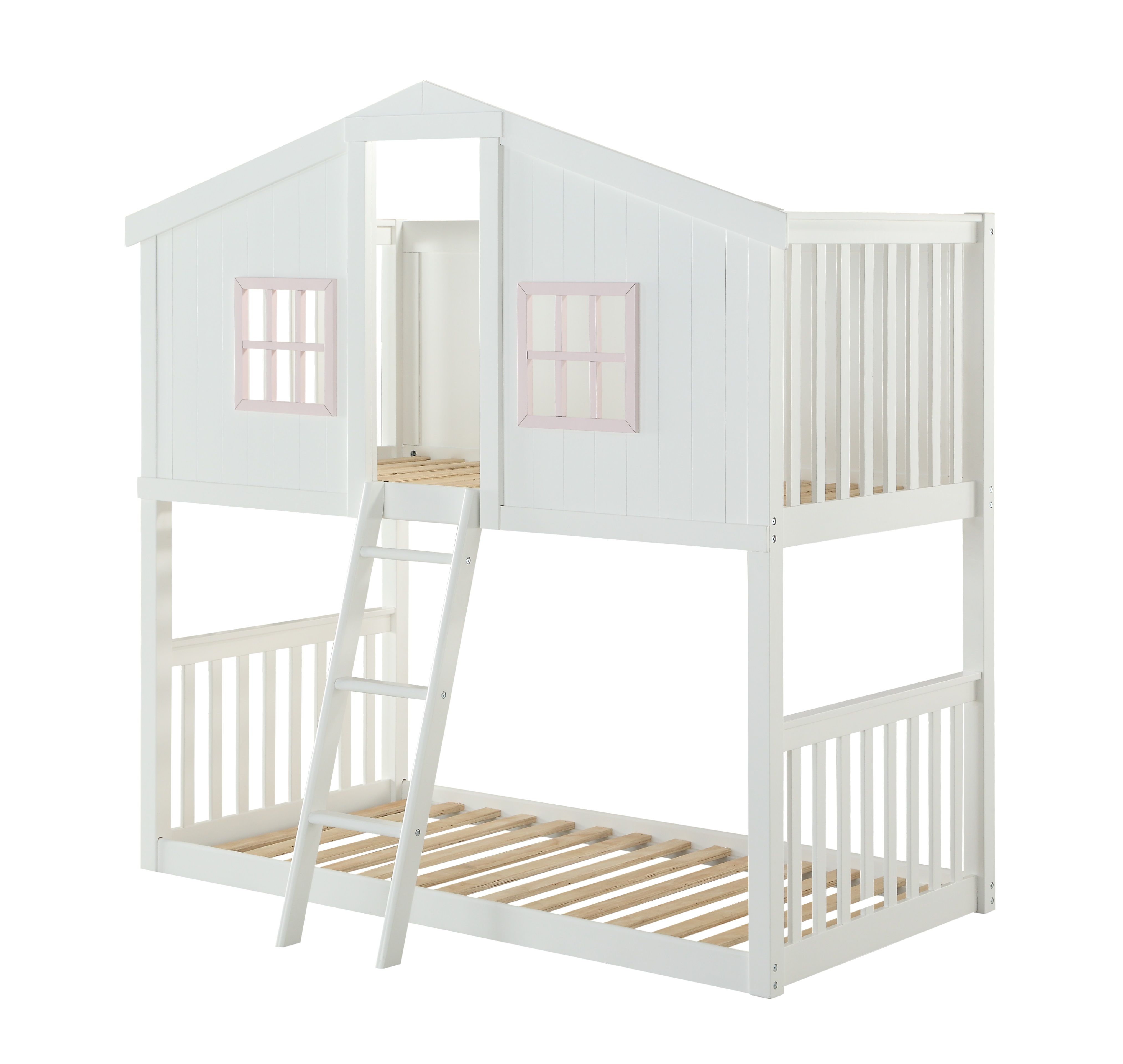 ACME Rohan Twin-Over-Twin Size House-Shaped Bunk Bed Frame with Ladder, and Wooden Slats Support, No Spring Box Required (Frame Only) - White