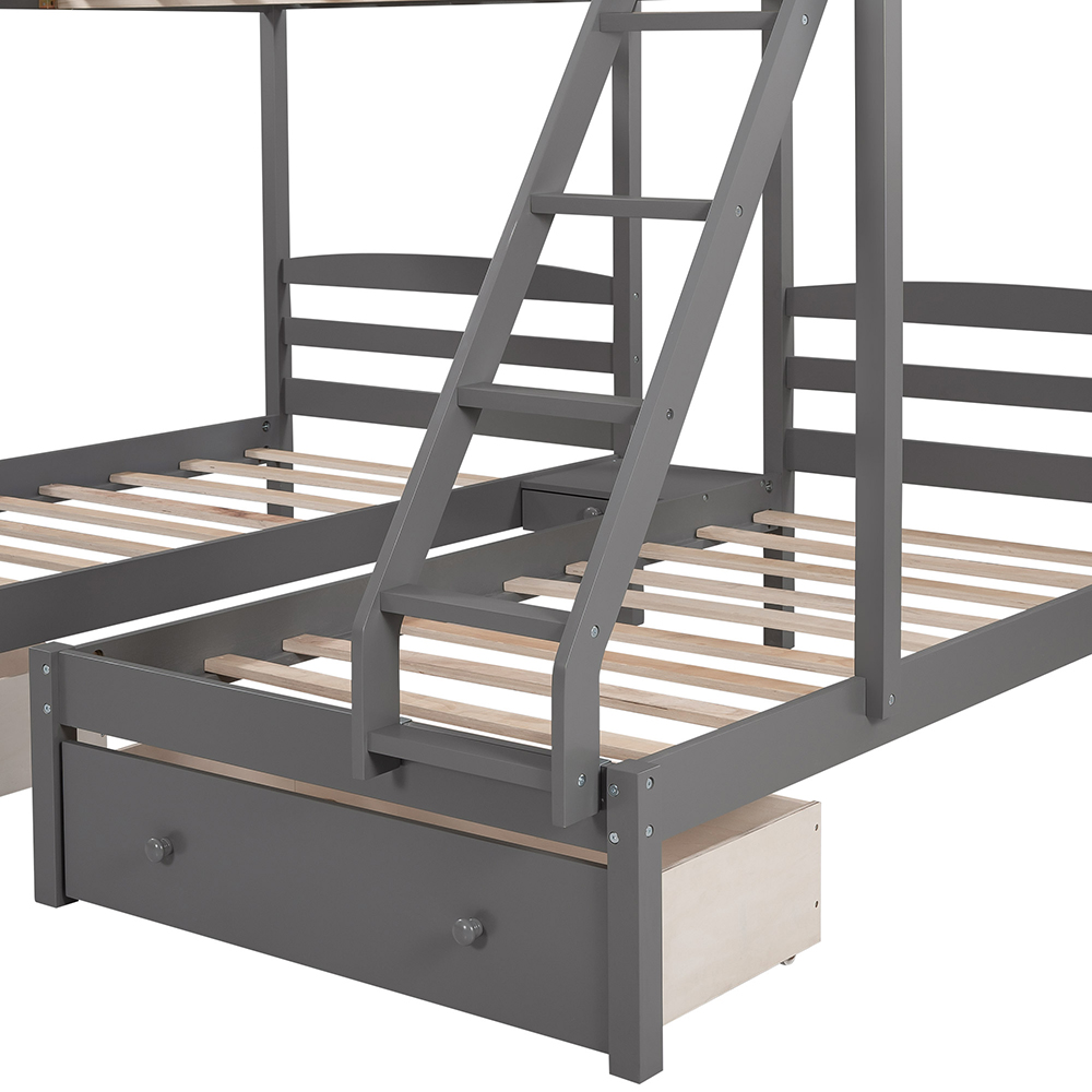 Full -Over-Twin Size Bunk Bed Frame with Storage Drawers, Ladder, and Wooden Slats Support, No Spring Box Required (Frame Only) - Gray