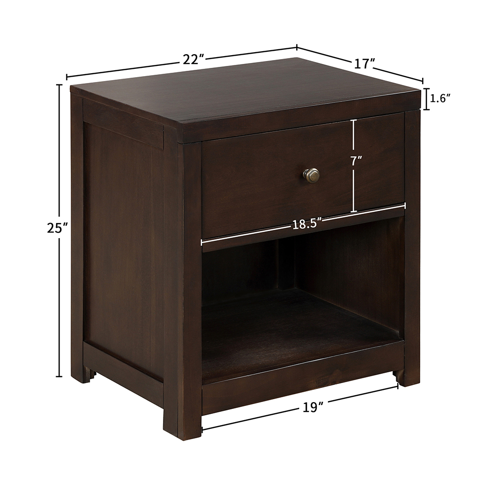 Wooden Nightstand with 1 Storage Drawer and Open Shelf, for Living room, Bedroom, Kitchen, Dining Room - Brown