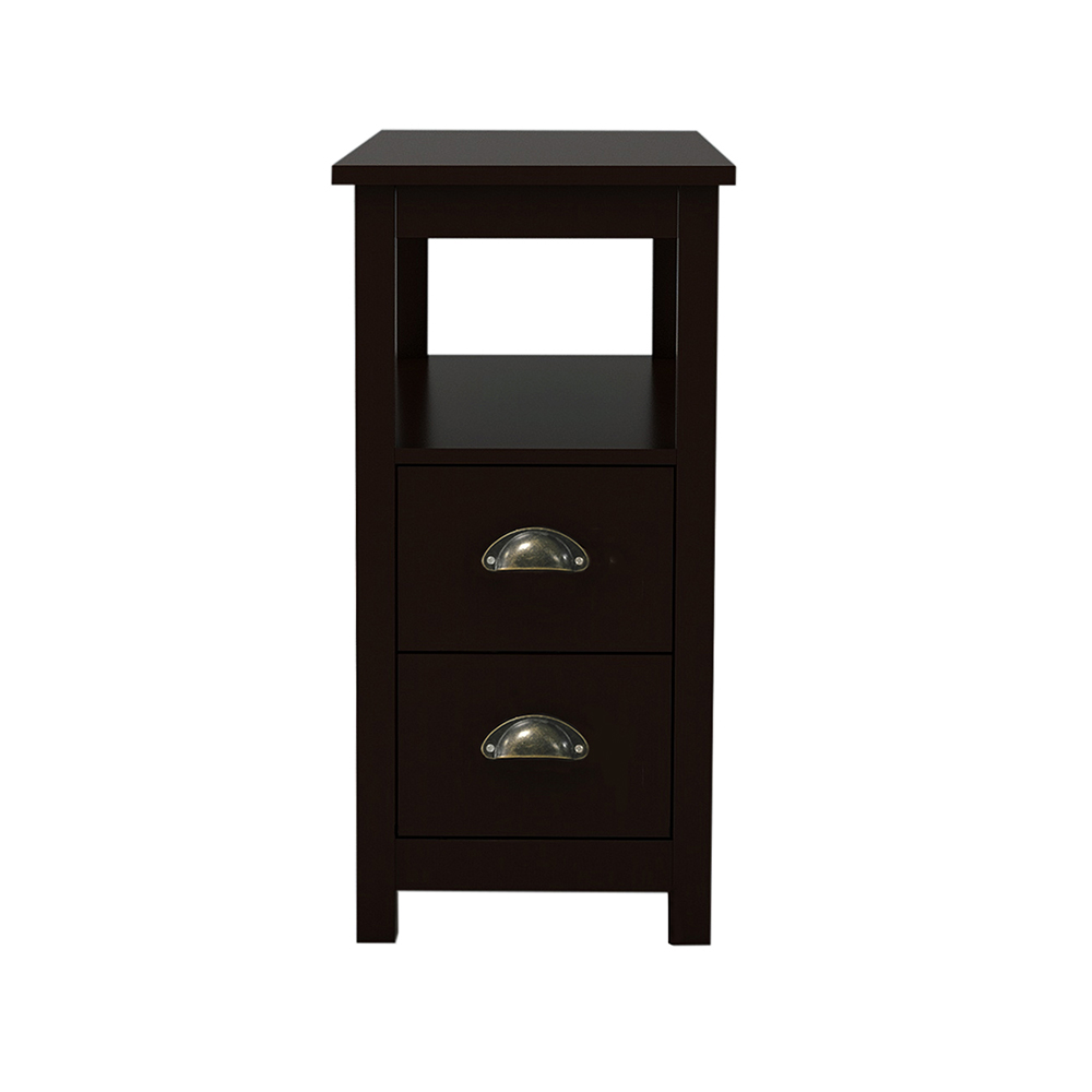 Wooden Narrow Nightstand with 2 Storage Drawers Brown