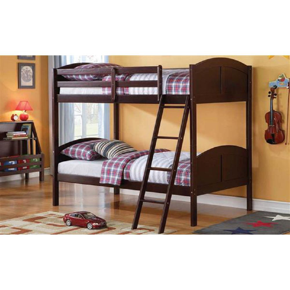 ACME Toshi Twin-Over-Twin Size Bunk Bed Frame with Ladder, and Wooden Slats Support, No Spring Box Required (Frame Only) - Espresso