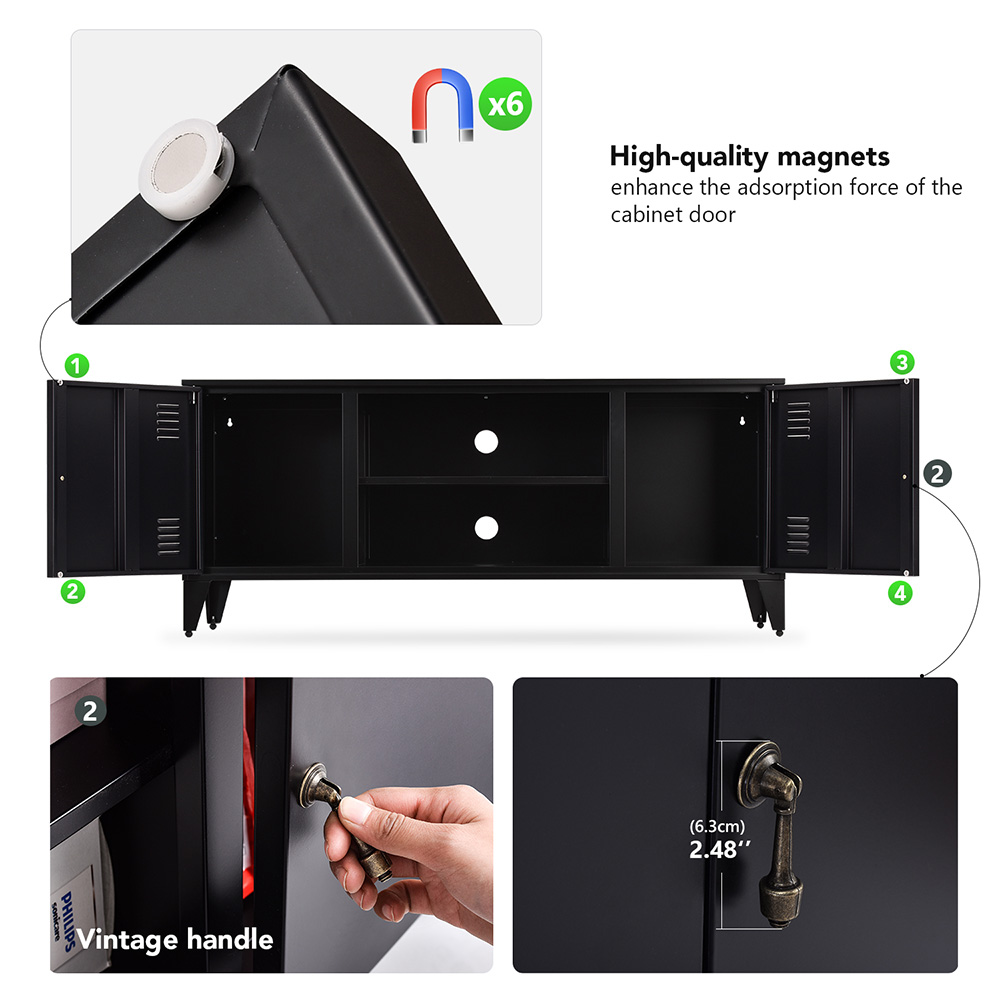 47" Metal TV Stand with 2 Storage Cabinets and Open Shelves, Suitable for Placing TVs Up to 55", for Living Room, Entertainment Center - Black