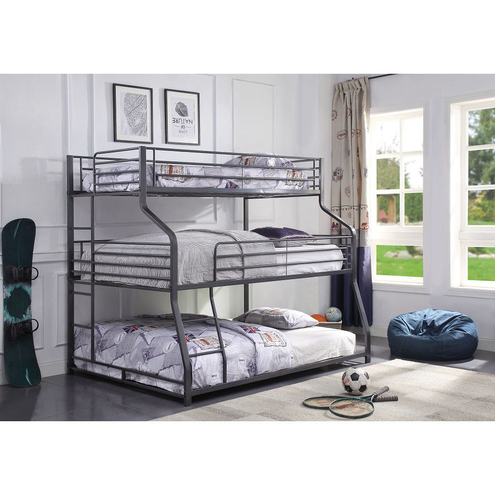 ACME Caius Twin-Over-Full-Over-Queen Size Triple Bed Frame with Ladder, and Metal Slats Support, No Spring Box Required (Frame Only) - Gunmetal