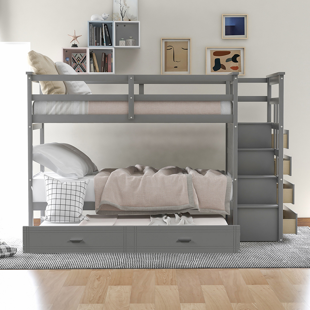 Twin-Over-Twin Size Bunk Bed Frame with Trundle Bed, Storage Stairs, and Wooden Slats Support, No Spring Box Required (Frame Only) - Gray