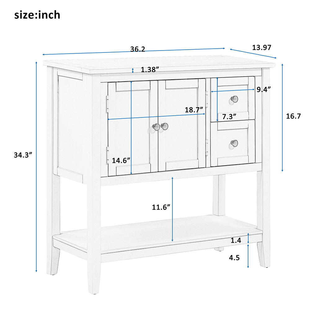U-STYLE 36" Modern Style Wooden Console Table with 2 Storage Drawers, 1 Cabinet and Bottom Shelf, for Entrance, Hallway, Dining Room, Kitchen - White