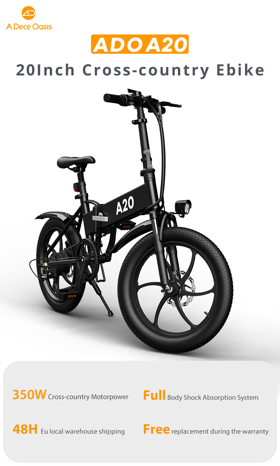 ADO A20 Electric Folding Bike 20 inch City Bicycle 350W Hall Brushless Gear DC Motor SHIMANO 7-Speed Rear Derailleur 36V 10.4Ah Removable Battery 35km/h Max speed up to 60km Max Range IPX5 Double Shock-absorption LED Headlight Aluminum alloy Frame - Black